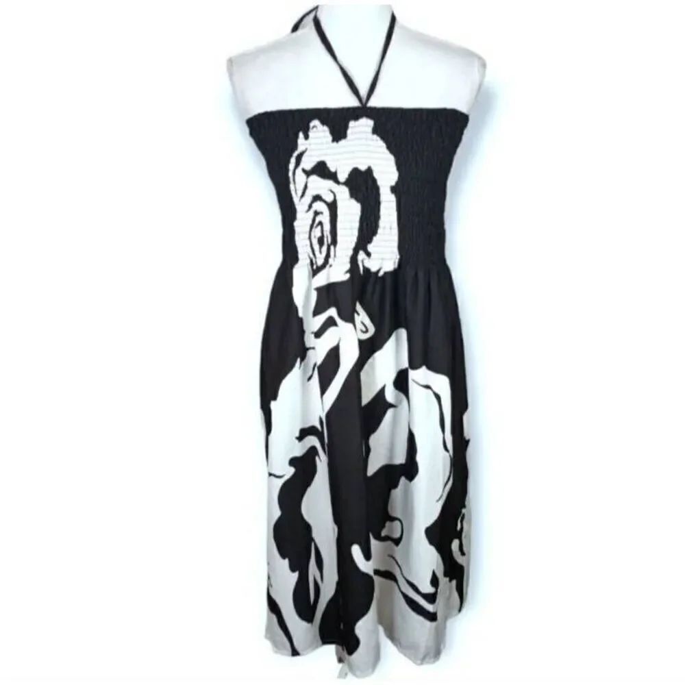 GYPSY BLU BLACK & WHITE WOMEN DRAWSTRING ELASTIC SHORT TUBE DRESS SZ.M EUC. - Picture 5 of 11